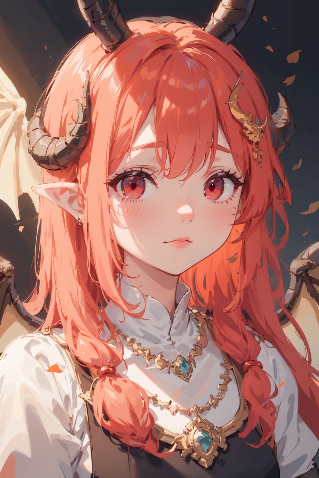 Masterpiece, best quality, ultra-detailed, color full, God rays, ray tracing, beautiful detail eyes, extremely detailed, highres, best quality, an extremely detailed and delicate, 8k cg wallpaper,(Dragon girl), Dragon tail, Dragon Wings, Dragon horns, red eyes,(portrait:1.3),hair ornament, jewelry, crescent hair ornament, carrot hair ornament, hair beads, necklace, bow,long hair, pointy ears,dress,