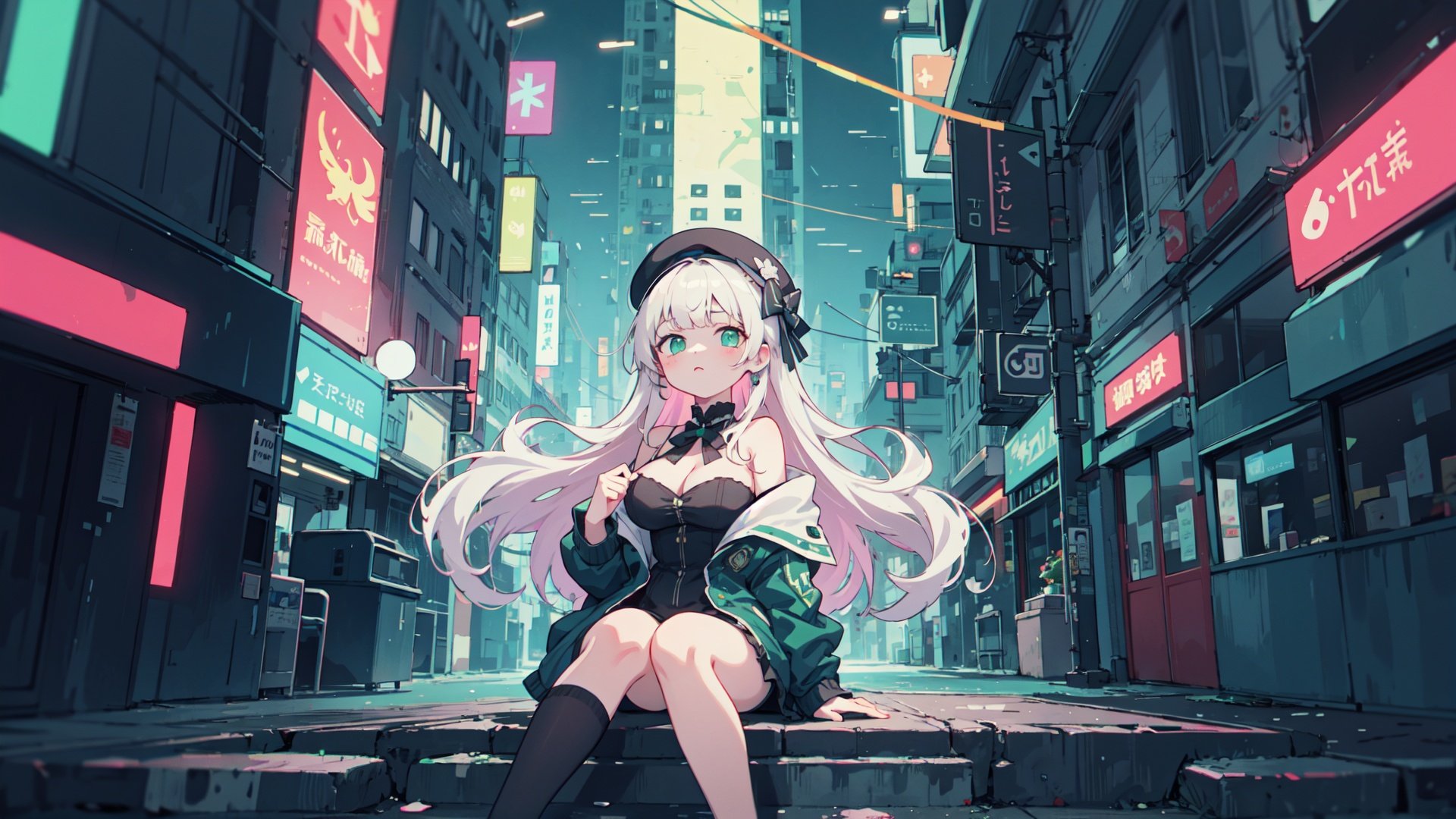 masterpiece, best quality, extremely detailed CG unity 8k wallpaper,game_cg, artbook, wallpaper, colorful,1girl, beret, bowknot on beret, wearing an off- shoulder floating jacket,  wavy delicate hair, delicate face, bare shoulder, sitting on the top of the building,   beautiful and delicate eyes, solo, big breasts, delicate background, streets with neon lights,wide shot,green fluorescent paint, noline art, silhouette, partially colored, (alternate color), (green and dark violet), dark violet shadow, (synth wave), (chromatic aberration), (((thick) outline)), green outline, green neon lights, perfect shadow,