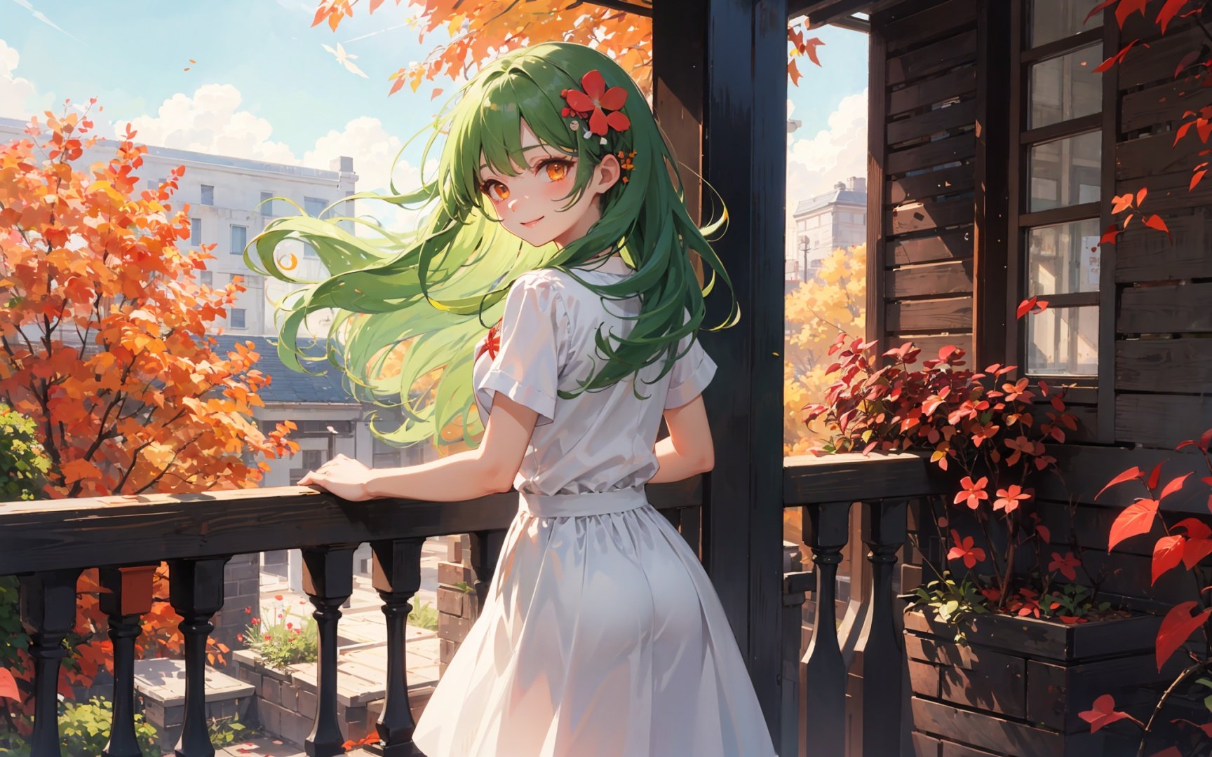 masterpiece, best quality, sunlight,red leaves fluttering,from behind,white skirt solo,leaning against the railing,a sweet smile,pixiv masterpiece,1girl,cute,kawaii,small breasts,green hair,orange eyes,clover hair ornament,long hair,disheveled hair,messy hair,