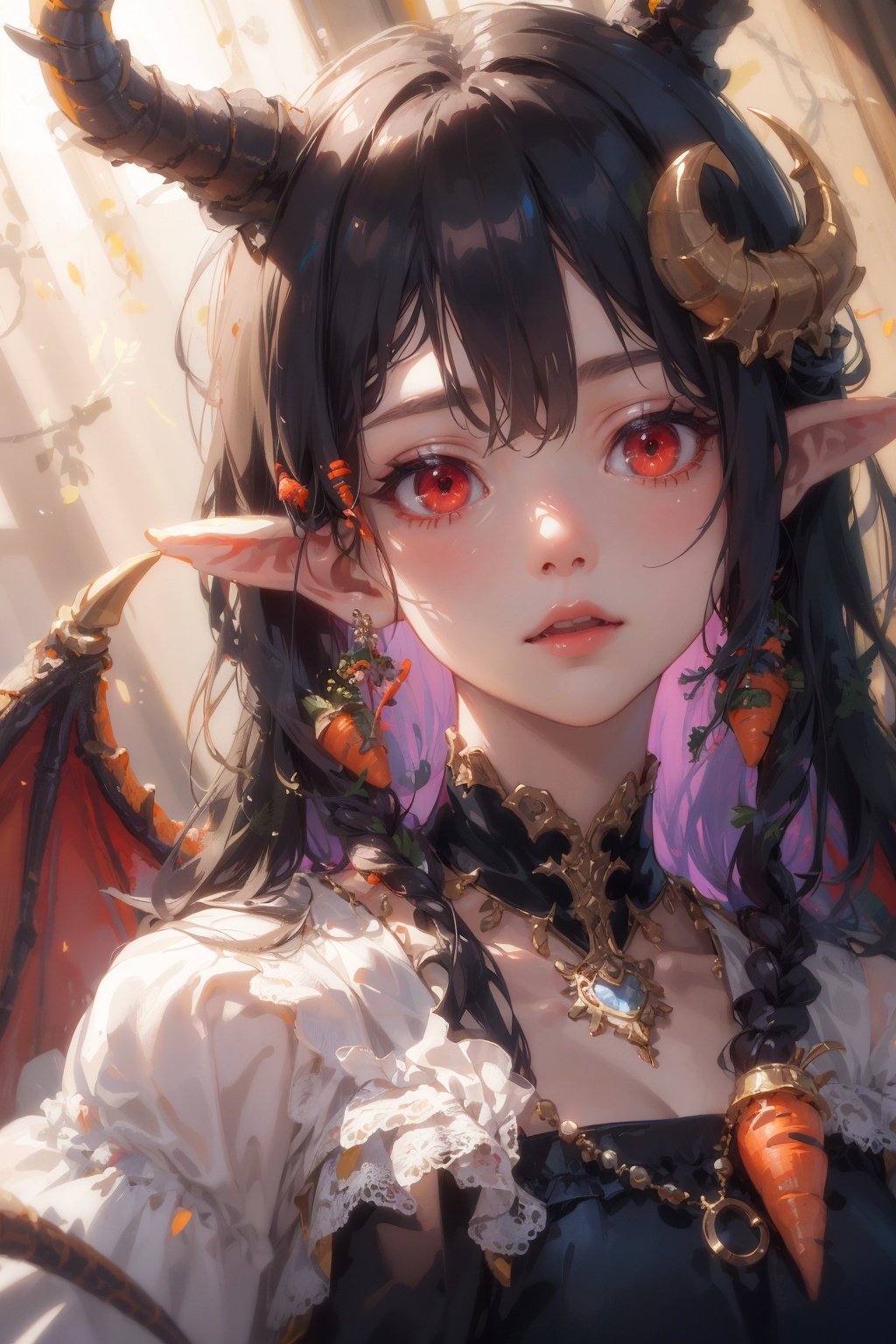 Masterpiece, best quality, ultra-detailed, color full, God rays, ray tracing, beautiful detail eyes, extremely detailed, highres, best quality, an extremely detailed and delicate, 8k cg wallpaper,(Dragon girl), Dragon tail, Dragon Wings, Dragon horns, red eyes,(portrait:1.3),hair ornament, jewelry, crescent hair ornament, carrot hair ornament, hair beads, necklace, bow,long hair, pointy ears,dress,