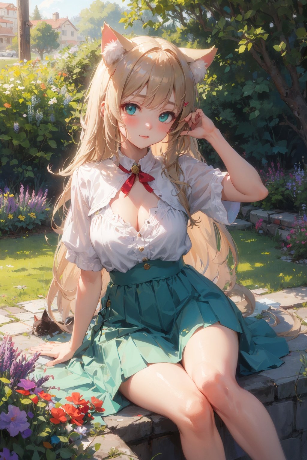 masterpiece,best quality, kawaii background, extremely detailed fine touch, highres, wallpaper, ray tracing, sunlight, ///,solo, 1girl, perfect female body, breasts, (cleavage:0.8), cat ears, animal ear fluff, Bronze hair, Absurdly long hair, luminous eyes, bangs, light blush, delighted,aqua skirt,  (portrait:1.2), face focus,outdoors, pine tree, lavender \(flower\), clover, lawn, garden,