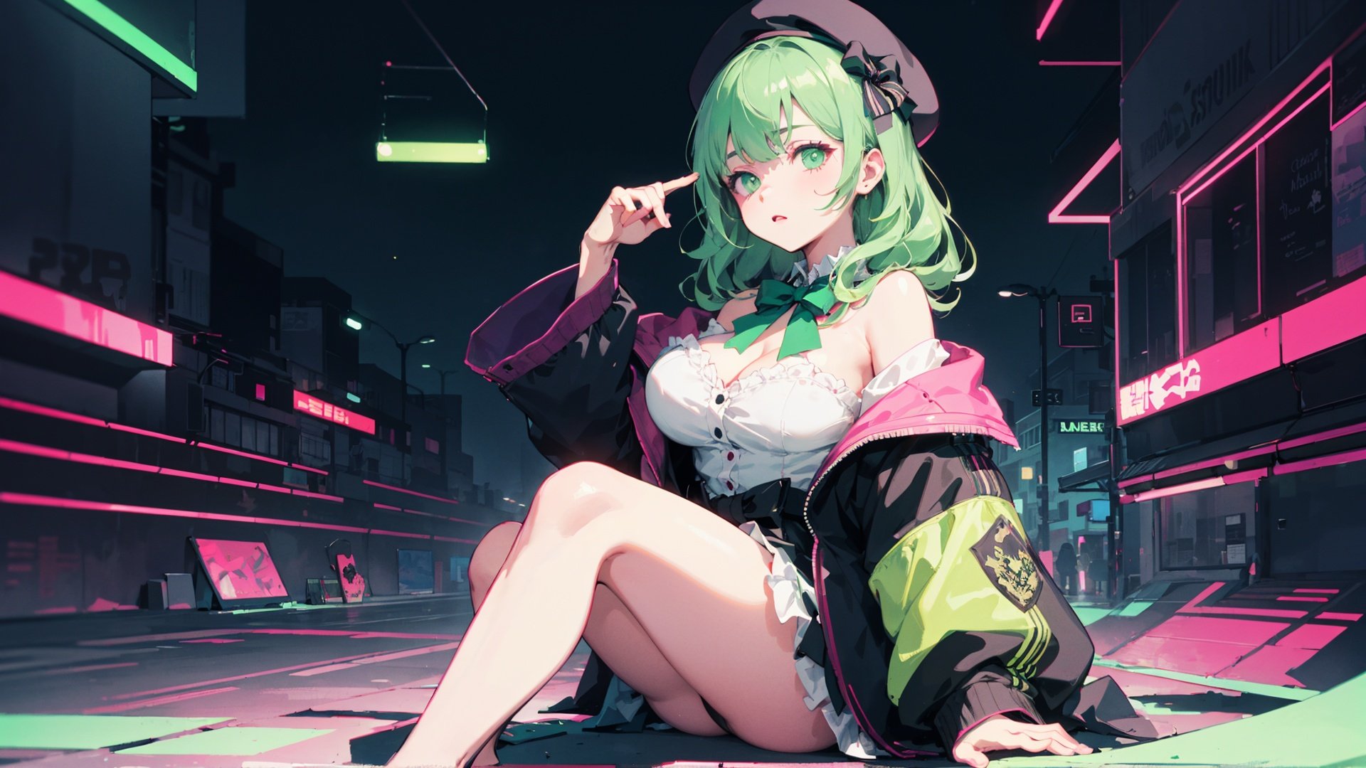 masterpiece, best quality, extremely detailed CG unity 8k wallpaper,game_cg, artbook, wallpaper, colorful,1girl, beret, bowknot on beret, wearing an off- shoulder floating jacket,  wavy delicate hair, delicate face, bare shoulder, sitting on the top of the building,   beautiful and delicate eyes, solo, big breasts, delicate background, streets with neon lights,wide shot,green fluorescent paint, noline art, silhouette, partially colored, (alternate color), (green and dark violet), dark violet shadow, (synth wave), (chromatic aberration), (((thick) outline)), green outline, green neon lights, perfect shadow,