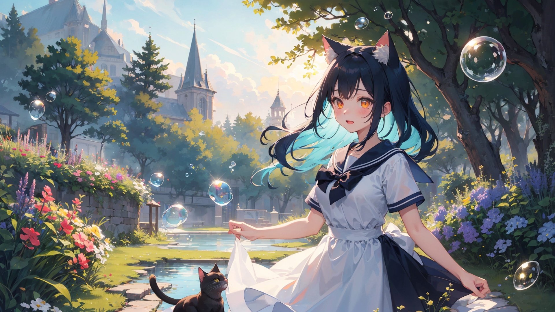 masterpiece,best quality, fantasy illustration, kawaii background, extremely detailed fine touch, highres, wallpaper, ray tracing, sunlight,solo, 1girl, loli, perfect female body, breasts, (cleavage:0.8), cat ears, animal ear fluff, light blue hair, wavy hair, orange eyes, bangs, light blush, delighted,sailor dress, cowboy shot,(super wide shot,:1.1),((colorful bubble)),(floating),detailed light,outdoors, pine tree, lavender \(flower\), clover, lawn, garden,