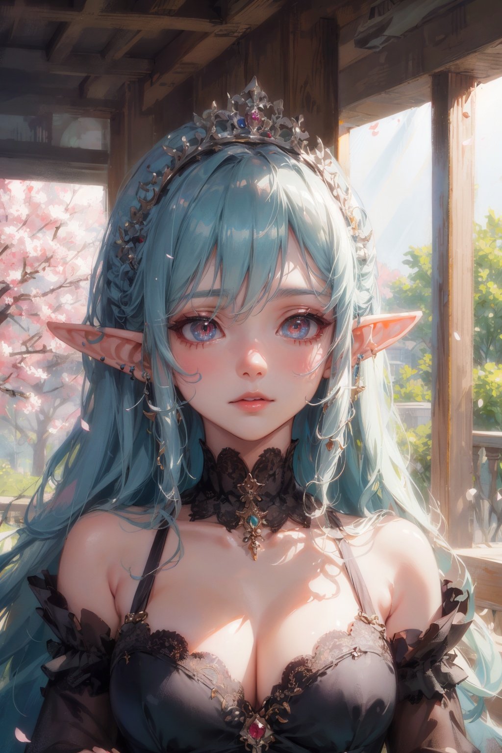 Masterpiece, best quality, ultra-detailed, color full, God rays, ray tracing, beautiful detail eyes, extremely detailed, highres, best quality, an extremely detailed and delicate, 8k cg wallpaper,(elf girl), face focus, red luminous eyes, (portrait:0.9), tiara, seductive expression, medium breasts, cleavage, jewelry, long hair, pointy ears, black dress, cherry blossoms,<lora:add_detail:0.3>