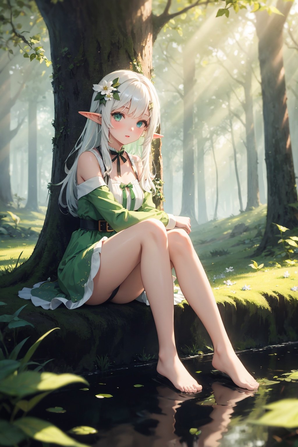 masterpiece,best quality,(ray tracing, reflection light),sunlight,solo, 1girl, full body, sitting, looking at viewer, elf girl, long hair, green hair, [green|blue] eyes, dress, white hair flower, hair ornament, wind, leaf, tree, forest