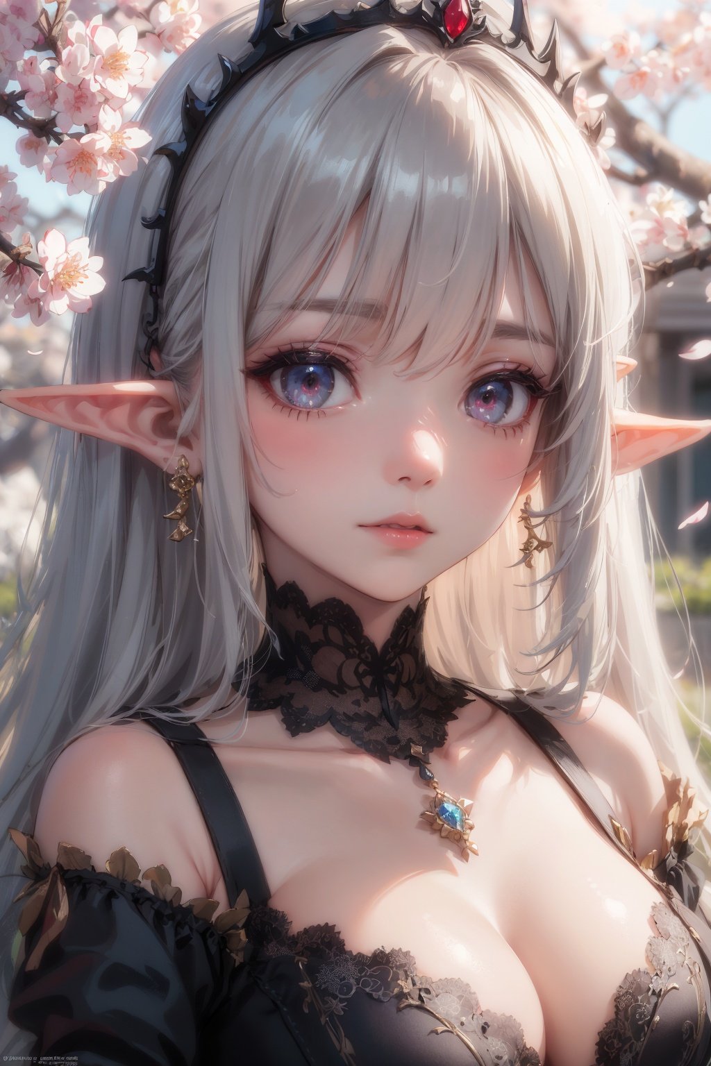 Masterpiece, best quality, ultra-detailed, color full, God rays, ray tracing, beautiful detail eyes, extremely detailed, highres, best quality, an extremely detailed and delicate, 8k cg wallpaper,(elf girl), face focus, red luminous eyes, (portrait:0.9), tiara, seductive expression, medium breasts, cleavage, jewelry, long hair, pointy ears, black dress, cherry blossoms,<lora:add_detail:0.3>