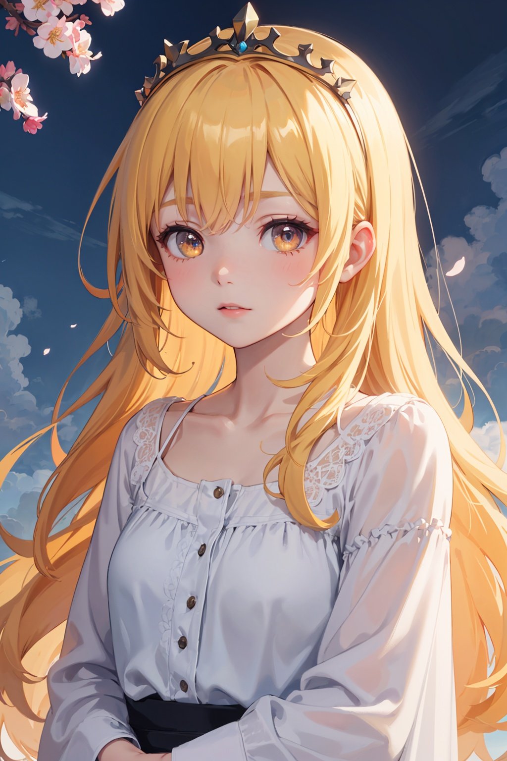 masterpiece, best quality, extremely detailed CG unity 8k wallpaper,game_cg, artbook, wallpaper, (colorful:1.5),1girl, solo, black luminous eyes, perfect female body, Long hair, Yellow hair, nightgown, seductive expression, tiara, upper body,simple background, lily \(flower\), cherry blossom, blue sky, cloudy sky,