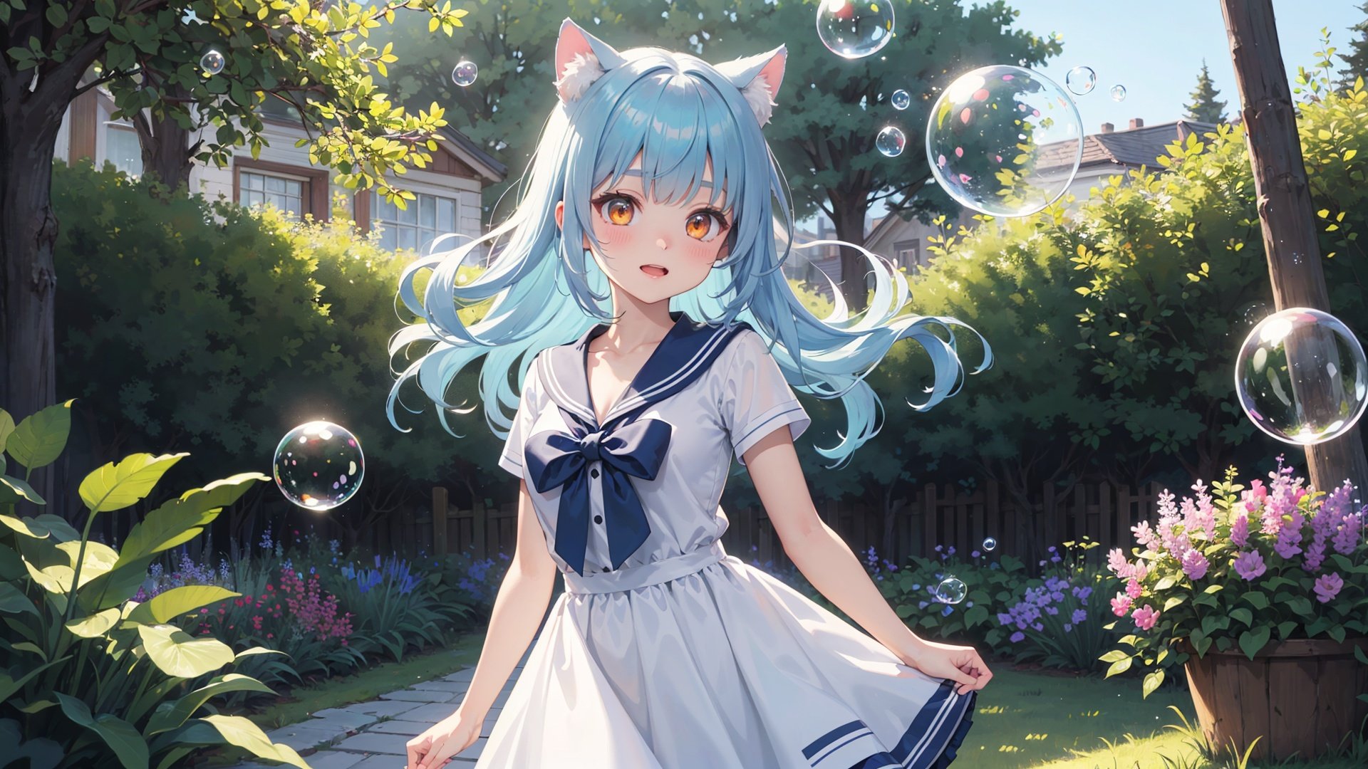 masterpiece,best quality, fantasy illustration, kawaii background, extremely detailed fine touch, highres, wallpaper, ray tracing, sunlight,solo, 1girl, loli, perfect female body, breasts, (cleavage:0.8), cat ears, animal ear fluff, light blue hair, wavy hair, orange eyes, bangs, light blush, delighted,sailor dress, cowboy shot,(super wide shot,:1.1),((colorful bubble)),(floating),detailed light,outdoors, pine tree, lavender \(flower\), clover, lawn, garden,