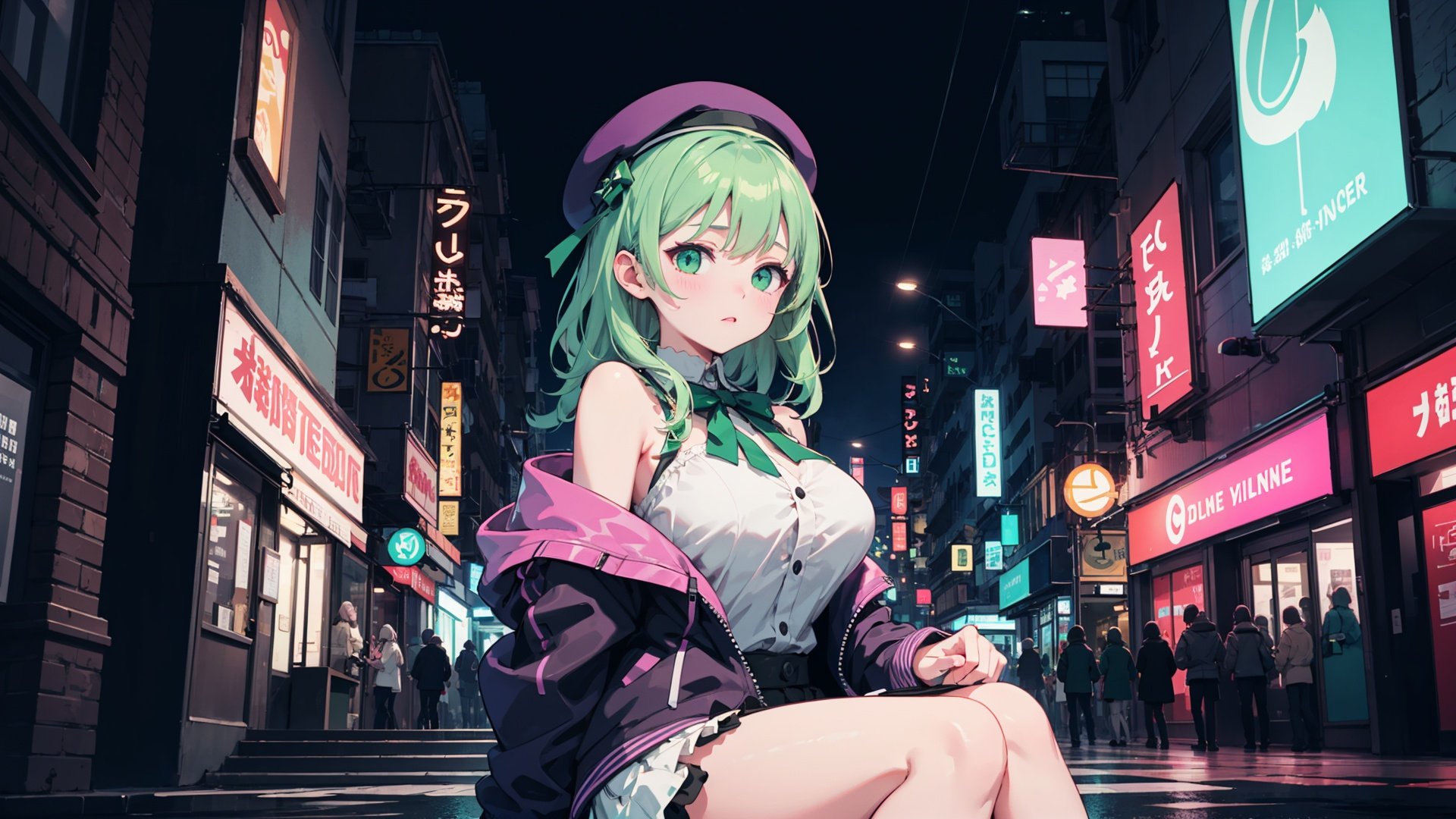 masterpiece, best quality, extremely detailed CG unity 8k wallpaper,game_cg, artbook, wallpaper, colorful,1girl, beret, bowknot on beret, wearing an off- shoulder floating jacket,  wavy delicate hair, delicate face, bare shoulder, sitting on the top of the building,   beautiful and delicate eyes, solo, big breasts, delicate background, streets with neon lights,wide shot,green fluorescent paint, noline art, silhouette, partially colored, (alternate color), (green and dark violet), dark violet shadow, (synth wave), (chromatic aberration), (((thick) outline)), green outline, green neon lights, perfect shadow,