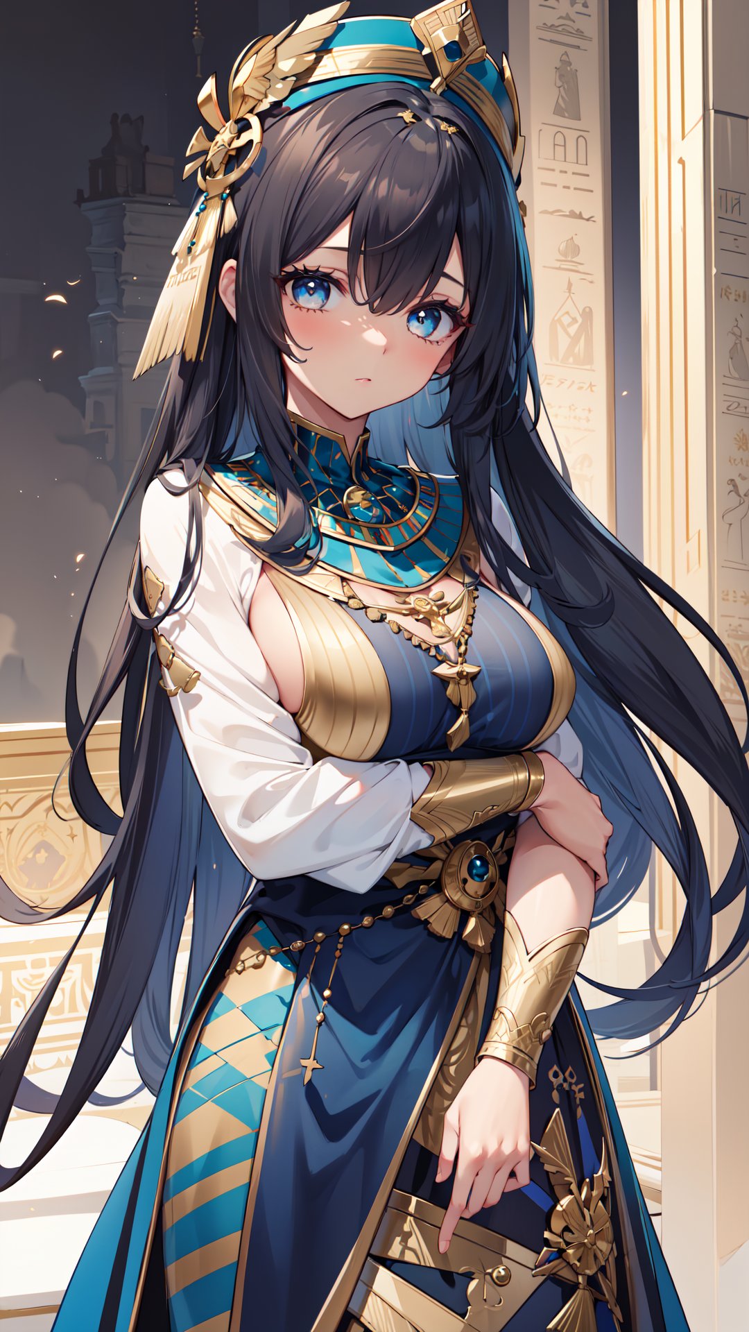 (masterpiece,  best quality),  (((good eyes,  detailed eyes,  detailed background))),  absurdres,  highres,  ultra detailed,  1girl,  solo,  ancient egyptian clothes,  dark-skinned female,  (expressionless:1.2),  long hair,  very long hair,  wavy hair,  curly hair,  long dress,  (red dess),  black hair,  temple,  gold,  golden,  (blue fabric,  striped fabric:1.5), <lora:EMS-75886-EMS:1.000000>