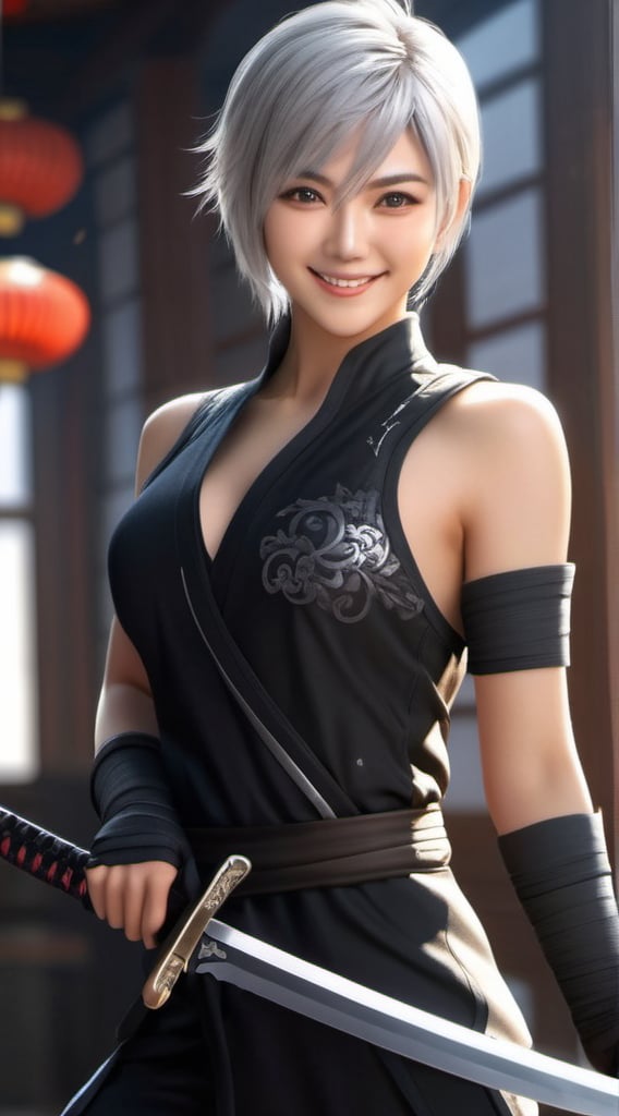 (Photorealistic,  Master piece,  Best quality,  Raw photo),  1 female ninja, (full_body:1.5), Wearing a ninja suit,  Ninja sword gloves,  Smiling with visible perfect teeth,  Detailed beautiful eyes and face,  Realistic Detailed skin texture,  natural sunlight,  (shorthair:1.5), silver_hair