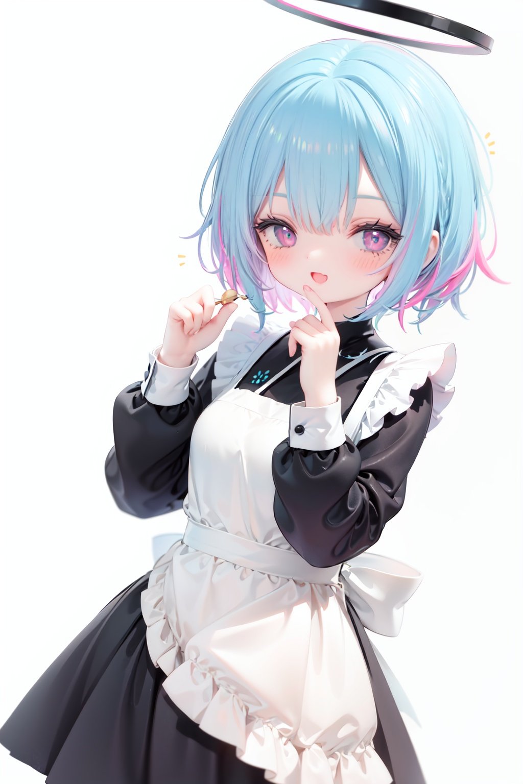  1girl, solo, apron, halo, hair over one eye, closed eyes, smile, white background, dress, white apron, simple background, long sleeves, multicolored hair, braid, open mouth, blue hair, alternate costume, blush, bangs, :d, pink hair, black dress, ribbon, frilled dress, enmaided, short hair, hand up, colored inner hair