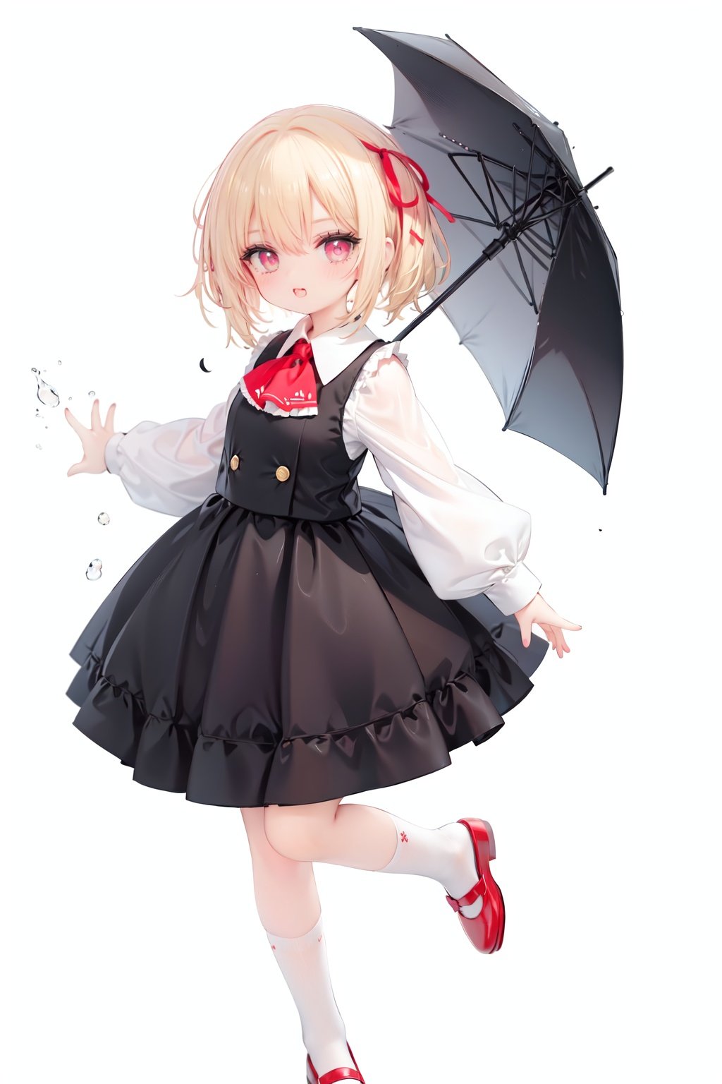  1girl, rumia, blonde hair, solo, white background, red eyes, red footwear, simple background, ascot, short hair, ribbon, open mouth, hair ribbon, smile, long sleeves, shirt, looking at viewer, red ascot, white socks, white shirt, red ribbon, shoes, socks, frills, bangs, outstretched arms, hair between eyes, skirt, :d, dress, vest, mary janes, black dress, black skirt, collared shirt, black vest, blush