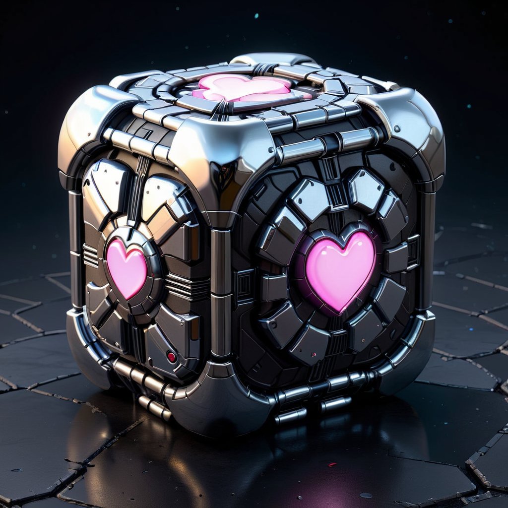 chrometech aesthetics,  scifi chrometech  weighted companion cube,  at night,  glowing parts,  heart shape,  sucface imperfections,  glowing parts,  ((best quality)),  ((masterpiece)),  ((realistic,  digital art)),  (hyper detailed),  raytracing,  volumetric lighting,  Backlit,  Rim Lighting,  HDR,  styled form,    , <lora:EMS-75928-EMS:0.800000>