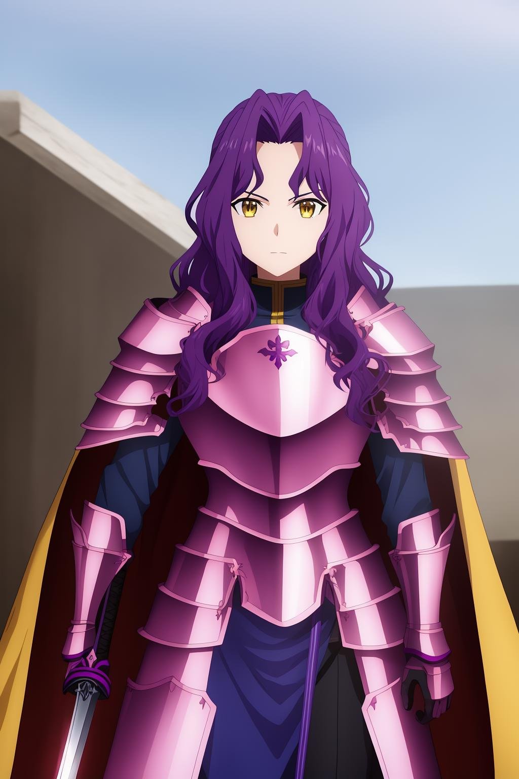 fanatio, 1girl, solo, long_hair, looking_at_viewer, gloves, brown_eyes, closed_mouth, blue_hair, standing, yellow_eyes, weapon, purple_hair, sword, cape, holding_weapon, armor, holding_sword, hair_intakes, shoulder_armor, gauntlets, pauldrons, breastplate, fantasy, armored_dress, faulds, knight, purple_cape