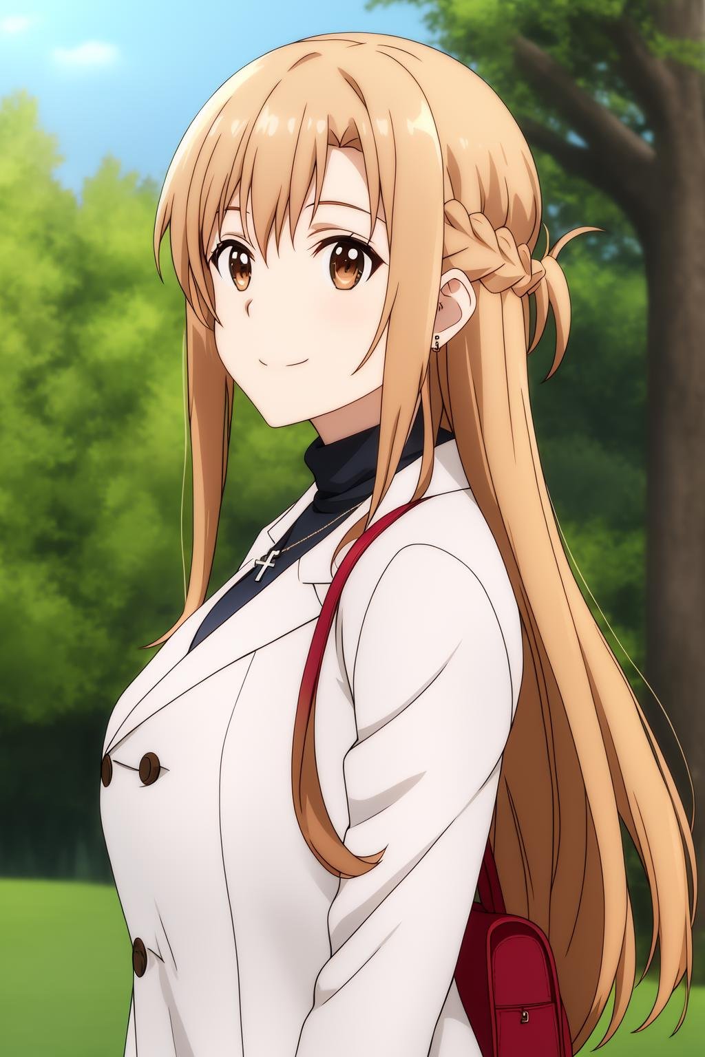 asuna-rl, 1girl, solo, long_hair, smile, bangs, brown_hair, long_sleeves, brown_eyes, jewelry, closed_mouth, jacket, upper_body, braid, outdoors, sky, day, shiny, necklace, bag, blurry, shiny_hair, sweater, tree, coat, buttons, blurry_background, turtleneck, white_jacket, cross, french_braid, shoulder_bag, white_coat, double-breasted, cross_necklace