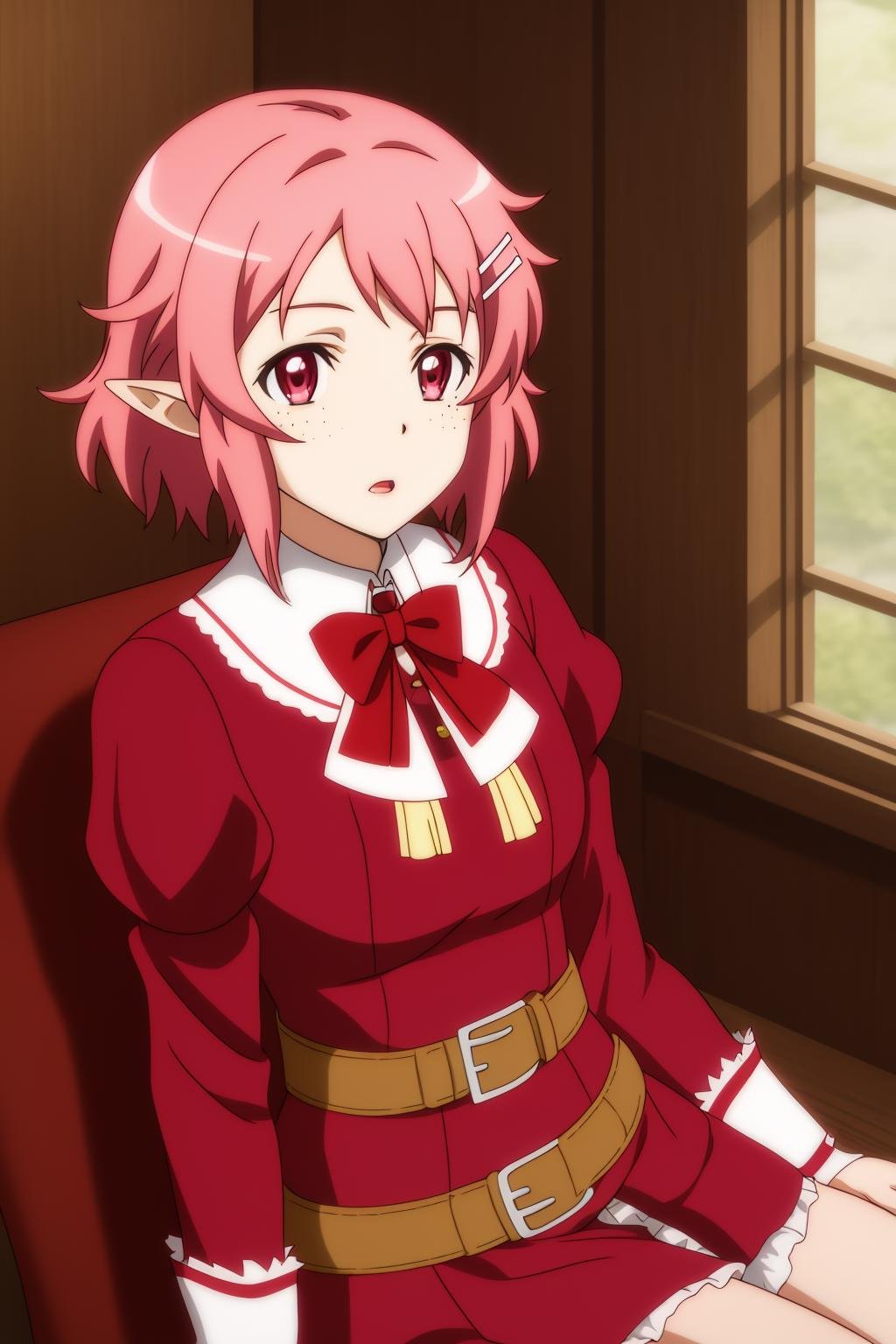 lisbeth, 1girl, solo, short_hair, open_mouth, skirt, hair_ornament, pink_eyes, long_sleeves, dress, bow, ribbon, sitting, upper_body, pink_hair, parted_lips, pointy_ears, hairclip, puffy_sleeves, shiny, belt, indoors, bowtie, pink_eyes, red_bow, shiny_hair, red_ribbon, neck_ribbon, elf, freckles