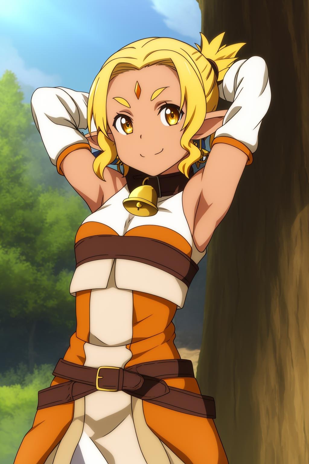 alicia, 1girl, solo, breasts, looking_at_viewer, smile, short_hair, blonde_hair, gloves, brown_eyes, closed_mouth, yellow_eyes, outdoors, detached_sleeves, sky, day, pointy_ears, armpits, armor, arms_up, collar, tree, blue_sky, orange_eyes, bell, :3, thick_eyebrows, elf, arms_behind_head, neck_bell, short_eyebrows, fantasy, anime_coloring, dark_skin