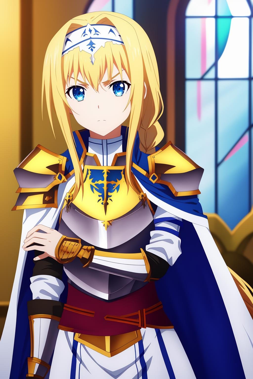 alice, 1girl, solo, long_hair, looking_at_viewer, bangs, blue_eyes, blonde_hair, dress, very_long_hair, closed_mouth, standing, upper_body, braid, sidelocks, hairband, indoors, cape, armor, v-shaped_eyebrows, floating_hair, glowing, frown, hair_intakes, shoulder_armor, gauntlets, pauldrons, braided_ponytail, white_hairband, breastplate, fantasy, armored_dress, blue_cape, knight, stained_glass, gold_armor