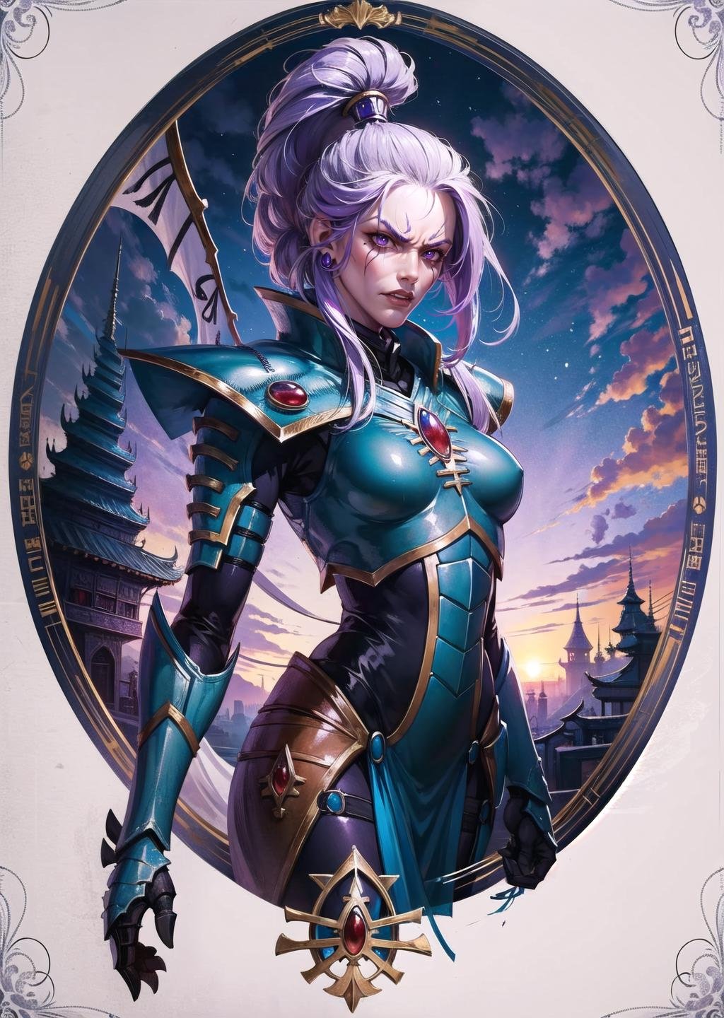 (1girl, purple hair short hair dreadlocks, angry) (digital) (in detailed hill, (changpao )) , best quality, <lora:boldline:0.2>  <lora:hairdetailer:0.2>  (aeldari, armor) <lora:aeldari:1>