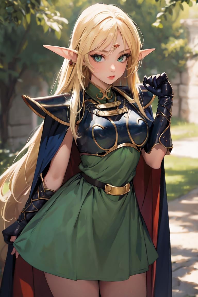 straight-on,pose,looking at viewer,solo, BREAK,  ANI_CLASSIC_deedlit_ownwaifu, www.ownwaifu.com, pointy ears, blonde hair, long hair, elf, circlet, green eyes, long pointy ears, very long hair, breasts, medium breasts, earrings, lips, makeup, bangs, cape, armor, blue cape, shoulder armor, pauldrons, gloves, breastplate, belt, green dress, short dress, <lora:ANI_CLASSIC_deedlit_ownwaifu-15:0.8>,, (masterpiece:1.4),(best quality:1.4),(absurdres:1.4),pinup,