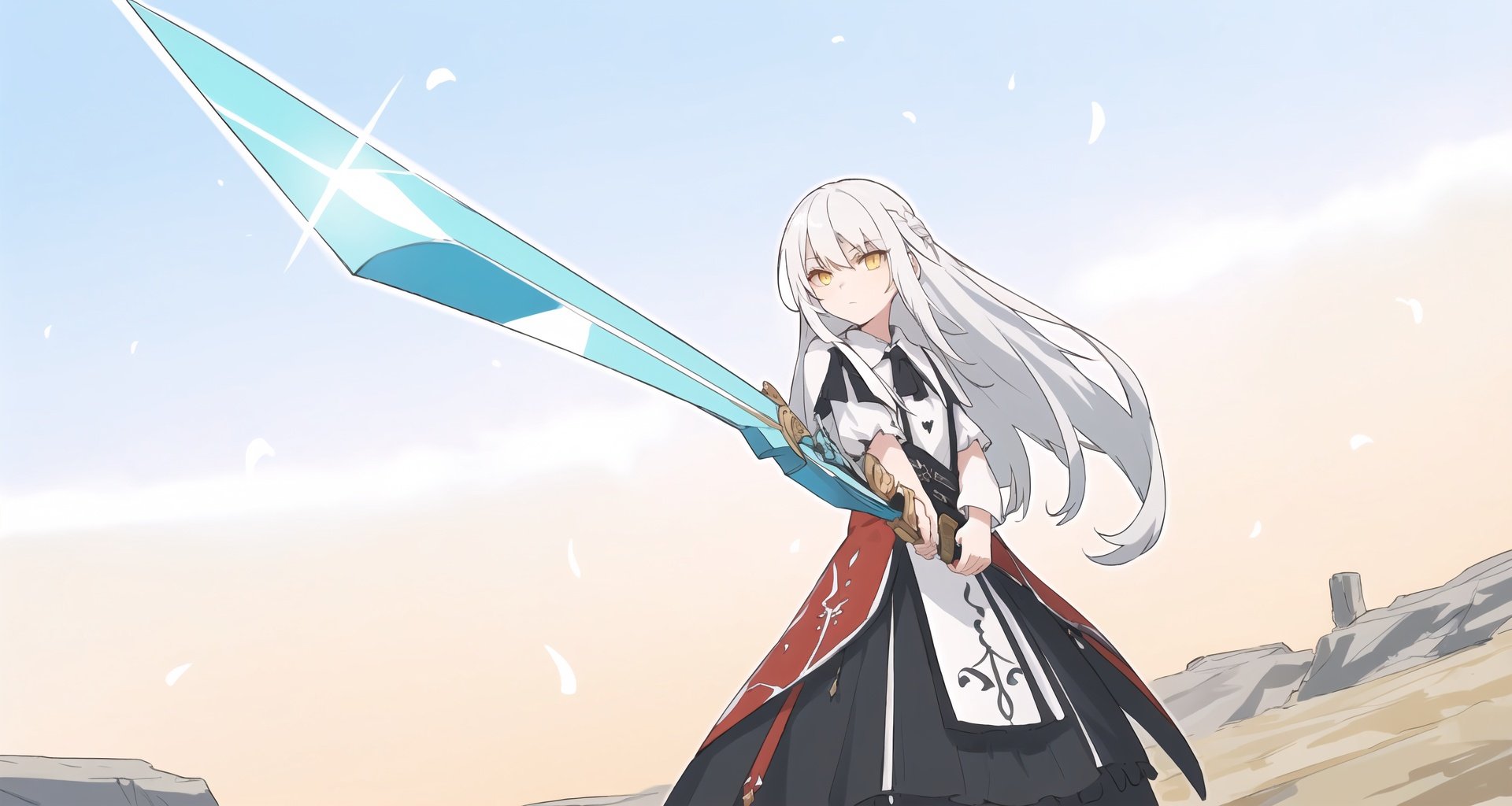 sword,sunrise stance,1 girl,shiny skin,illustration,(beautiful detailed face:1.2),(beautiful detailed hair:1.2),(beautiful detailed eyes:1.2),right human structure,white hair,(curly hair:1.2),(long hair:1.2),(yellow eyes:1.2),standing,<lora:SunriseStance:1>,