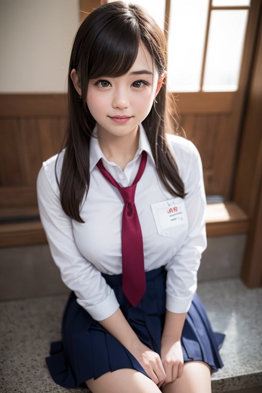 (masterpiece:1.2), (highest quality:1.2), there is a woman sitting on the steps wearing a tie, a hyperrealistic schoolgirl, realistic schoolgirl, hyperrealistic schoolgirl, wearing japanese school uniform, japanese girl school uniform, wearing school uniform, korean girl, japanese school uniform, cute schoolgirl, girl wearing uniform, wearing a school uniform, jk uniform, with short hair, school girl, wearing white shirt
