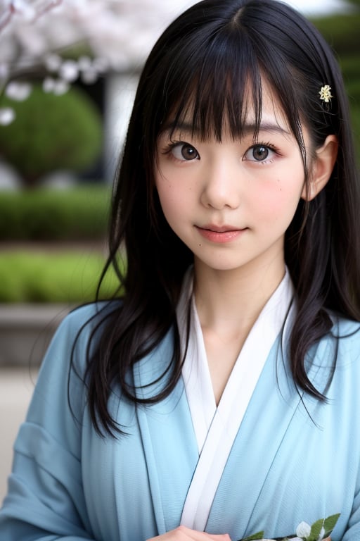 A stunning portrait of an 8-year-old Japanese girl, radiating beauty and innocence. She has long, flowing black hair, large, expressive dark eyes, and a delicate, heart-shaped face. She is wearing a traditional Japanese kimono, adorned with intricate patterns and vibrant colors. The background is a serene Japanese garden with cherry blossoms in full bloom. Highly detailed, masterpiece, 8K resolution.