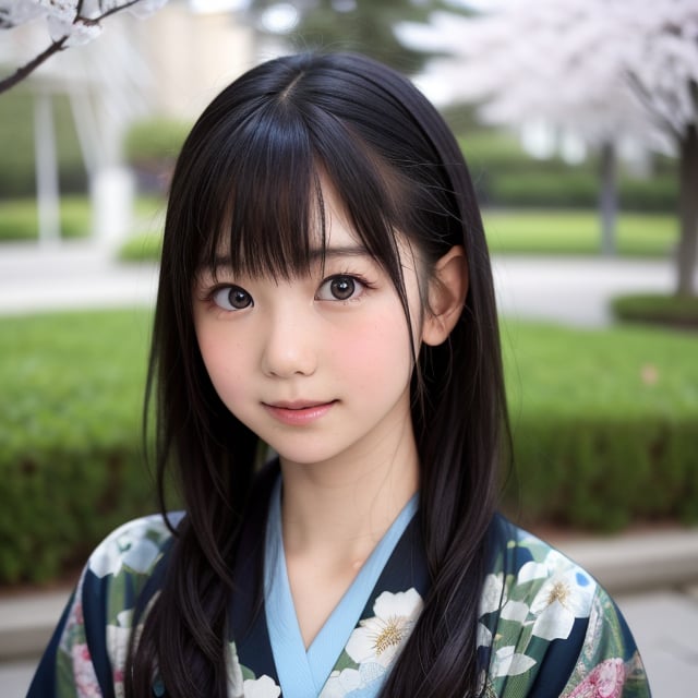 A stunning portrait of an 8-year-old Japanese girl, radiating beauty and innocence. She has long, flowing black hair, large, expressive dark eyes, and a delicate, heart-shaped face. She is wearing a traditional Japanese kimono, adorned with intricate patterns and vibrant colors. The background is a serene Japanese garden with cherry blossoms in full bloom. Highly detailed, masterpiece, 8K resolution.