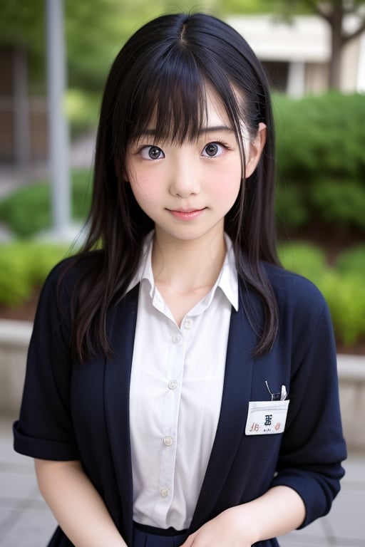 Generate a stunning portrait of an 8-year-old Japanese girl, radiating beauty and innocence. She has long, flowing black hair, large, expressive dark eyes, and a delicate, heart-shaped face. She is wearing a traditional Japanese school uniform, with a crisp white blouse and a navy blue pleated skirt. The background is a serene Japanese garden with cherry blossoms in full bloom. Highly detailed, masterpiece, 8K resolution.