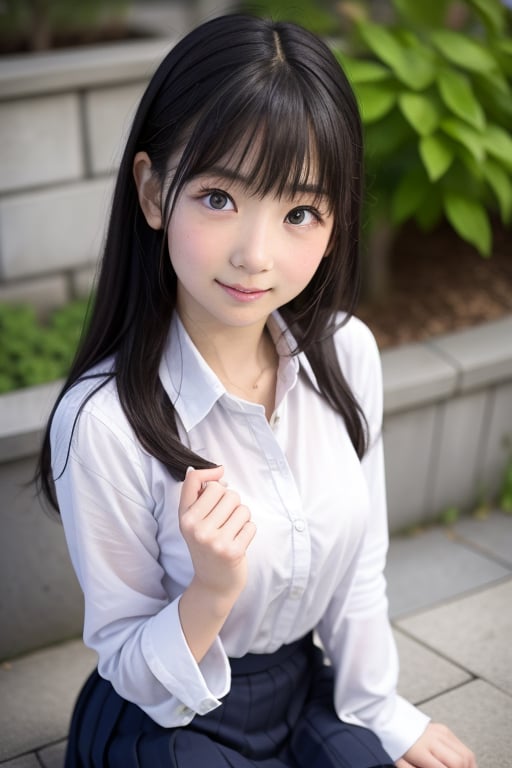 Generate a stunning portrait of an 8-year-old Japanese girl, radiating beauty and innocence. She has long, flowing black hair, large, expressive dark eyes, and a delicate, heart-shaped face. She is wearing a traditional Japanese school uniform, with a crisp white blouse and a navy blue pleated skirt. The background is a serene Japanese garden with cherry blossoms in full bloom. Highly detailed, masterpiece, 8K resolution.