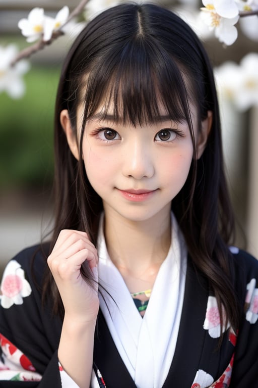 A stunning portrait of an 8-year-old Japanese girl, radiating beauty and innocence. She has long, flowing black hair, large, expressive dark eyes, and a delicate, heart-shaped face. She is wearing a traditional Japanese kimono, adorned with intricate patterns and vibrant colors. The background is a serene Japanese garden with cherry blossoms in full bloom. Highly detailed, masterpiece, 8K resolution.