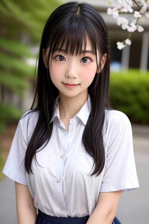 Generate a stunning portrait of an 8-year-old Japanese girl, radiating beauty and innocence. She has long, flowing black hair, large, expressive dark eyes, and a delicate, heart-shaped face. She is wearing a traditional Japanese school uniform, with a crisp white blouse and a navy blue pleated skirt. The background is a serene Japanese garden with cherry blossoms in full bloom. Highly detailed, masterpiece, 8K resolution.