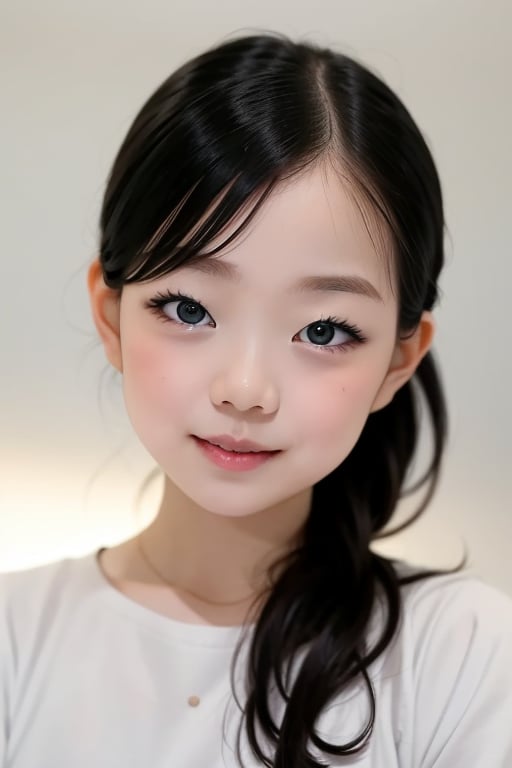 Generate a masterpiece of a beautiful 6-year-old Japanese girl in a kindergarten. It's a full-body portrait, with her standing with a slight smile. She is wearing long pants and a cute off-the-shoulder knit sweatshirt. She has long, black hair, a symmetrical face, realistic features, big bright eyes with double eyelids, an innocent and curious expression. The lighting is soft and natural, against a gray background. She is semi-backlit. Age 6.