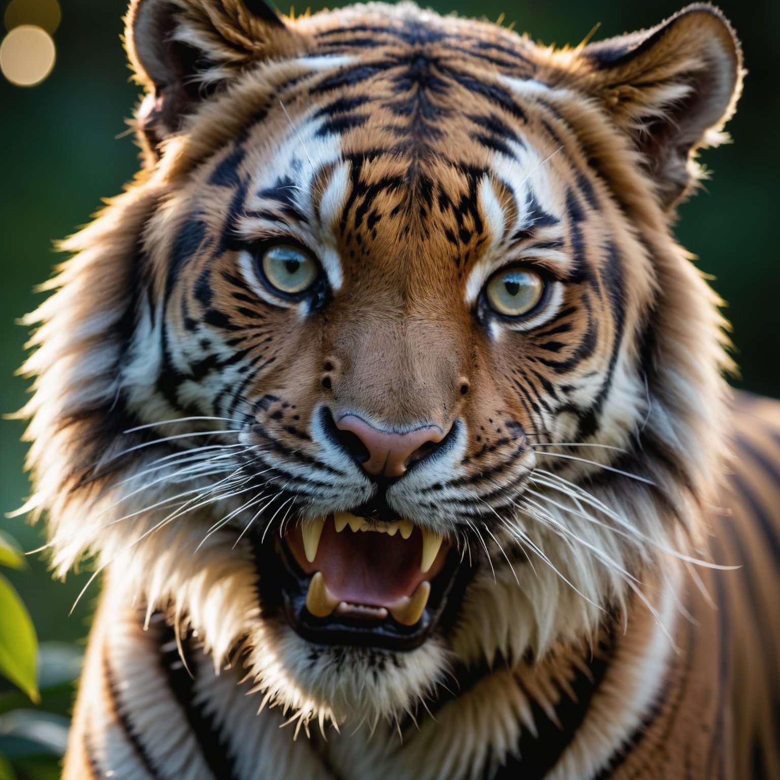 face portrait from an anthro female tiger, fangs, realistic fur,RAW candid cinema, 16mm, color graded portra 400 film, remarkable color, ultra realistic, textured skin, remarkable detailed pupil shot with cinematic camera, high quality photography, 3 point lighting, flash with softbox, 4k, Canon EOS R3, hdr, smooth, sharp focus, high resolution, award winning photo, 80mm, f2.8, bokeh