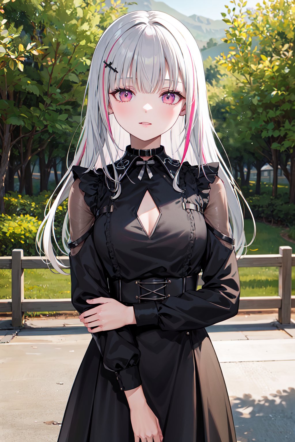 masterpiece, best quality, highres, aasena, long hair, multicolored hair, hair ornament, black choker, black dress, clothing cutout, long sleeves, <lora:asumi_sena_v1:0.7>, standing, cowboy shot, outdoors,