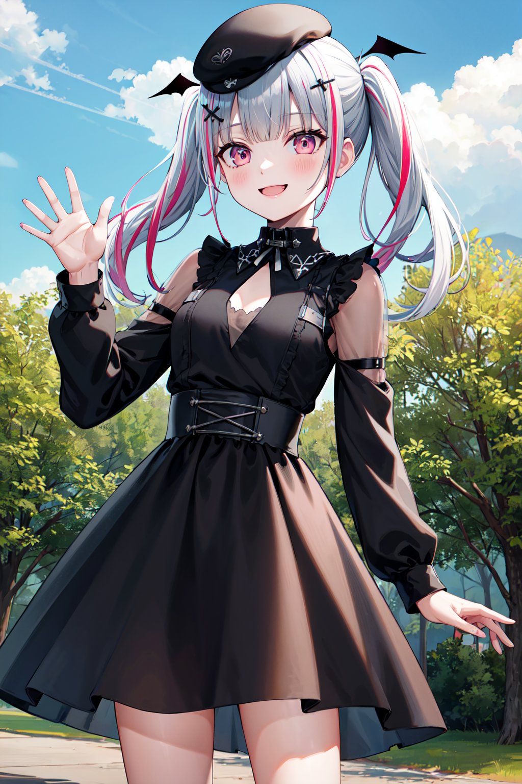 masterpiece, best quality, highres, aasena, twintails, multicolored hair, hair ornament, head wings, beret, black headwear, black choker, black dress, clothing cutout, long sleeves, <lora:asumi_sena_v1:0.7>, standing, cowboy shot, outdoors, smile, waving