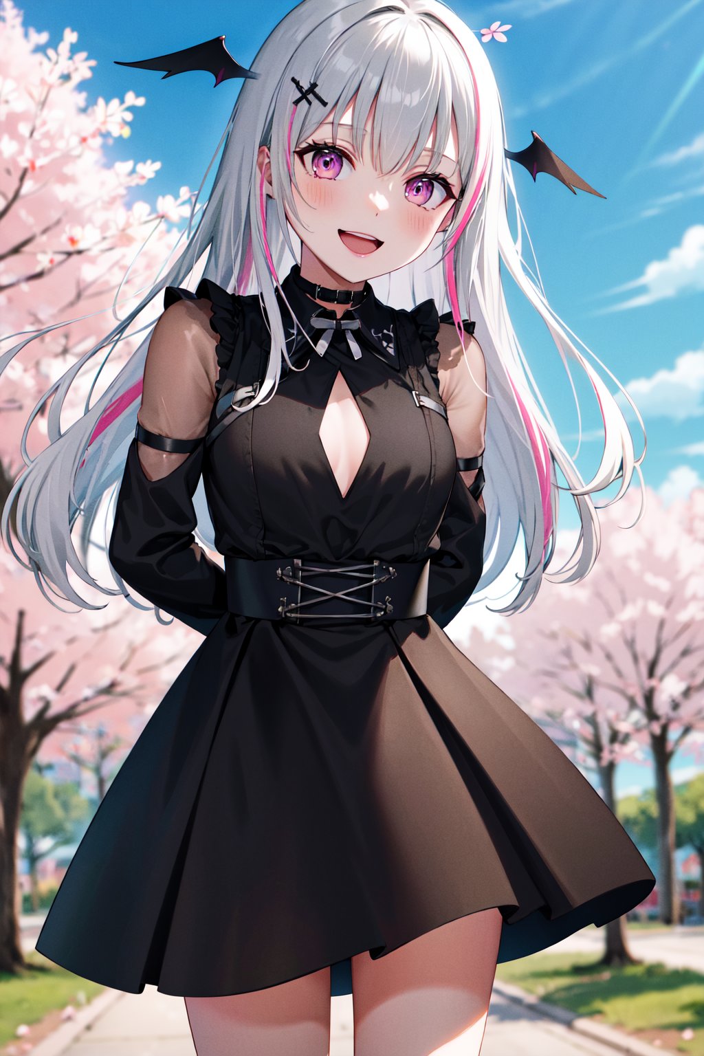 masterpiece, best quality, highres, aasena, long hair, multicolored hair, hair ornament, head wings, black choker, black dress, clothing cutout, long sleeves, <lora:asumi_sena_v1:0.7>, arms behind back, cherry blossoms, outdoors, standing, cowboy shot, smile, open mouth, leaning forward, 