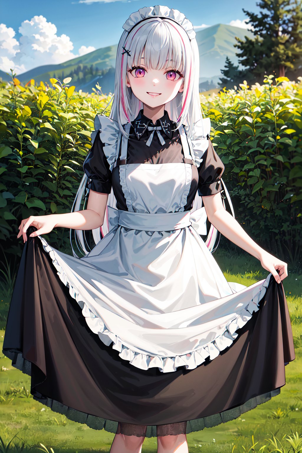 masterpiece, best quality, highres, aasena, long hair, multicolored hair, hair ornament, <lora:asumi_sena_v1:0.7>, maid, maid headdress, apron, black dress, skirt hold, smile, garden, standing, 