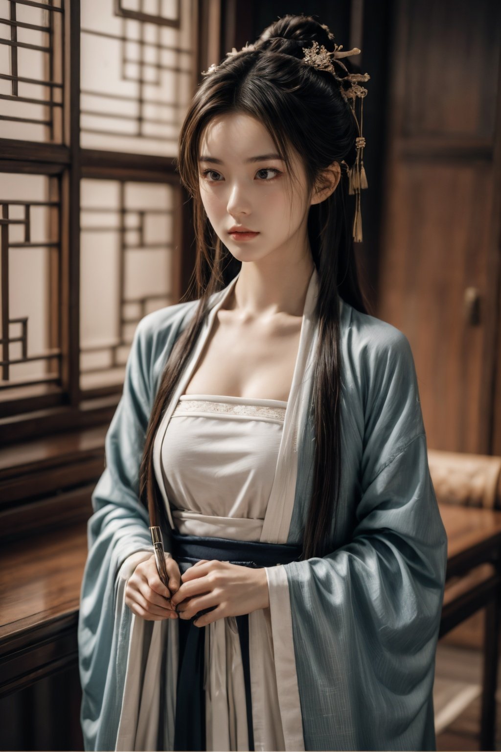 Ultra-high skin detail,  Perfect facial details, cinematic lighting,  chiaroscuro,  super detail,  award winning,  best quality, FilmGirl, 85mm, 1girl, 18 years old, sad, little cry, the abovehalf body, Lolita, Beautiful body, fabulous hanfu, holding Chinese writing brush, writing, paper, ink stone, siting, <lora:EMS-76644-EMS:0.800000>, , <lora:EMS-59672-EMS:0.500000>, , <lora:EMS-38836-EMS:0.400000>