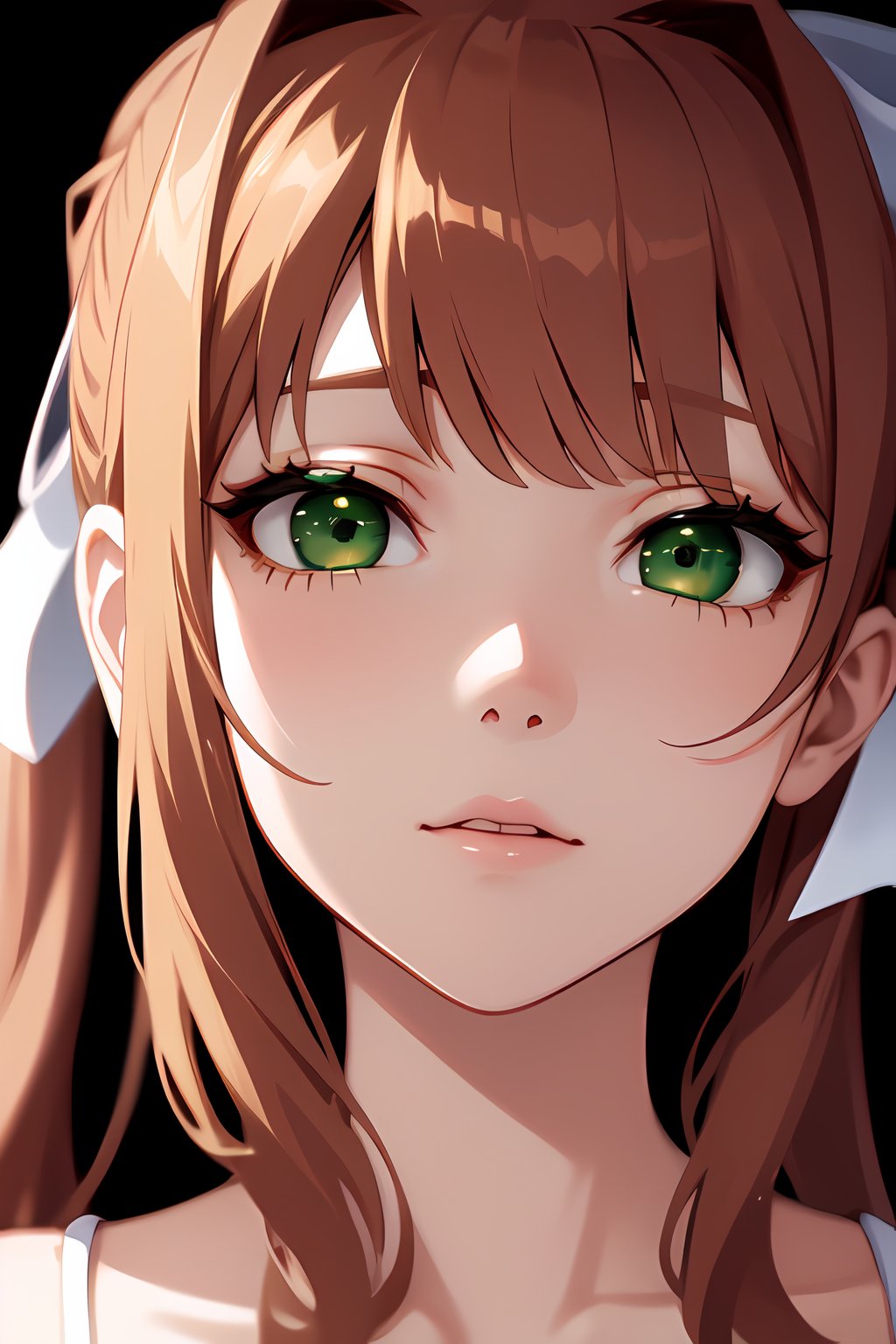 Solo_girl, MonikaDDLC, perfect_face, high_detailed_skin, skin_pores, cinematic_lighting, DDLCMONIKA, BLUNT BANGS, BROWN HAIR, (GREEN EYES:1.5), LONG HAIR, PONYTAIL, RIBBON, WHITE RIBBON, HAIR RIBBON, SIDELOCKS,