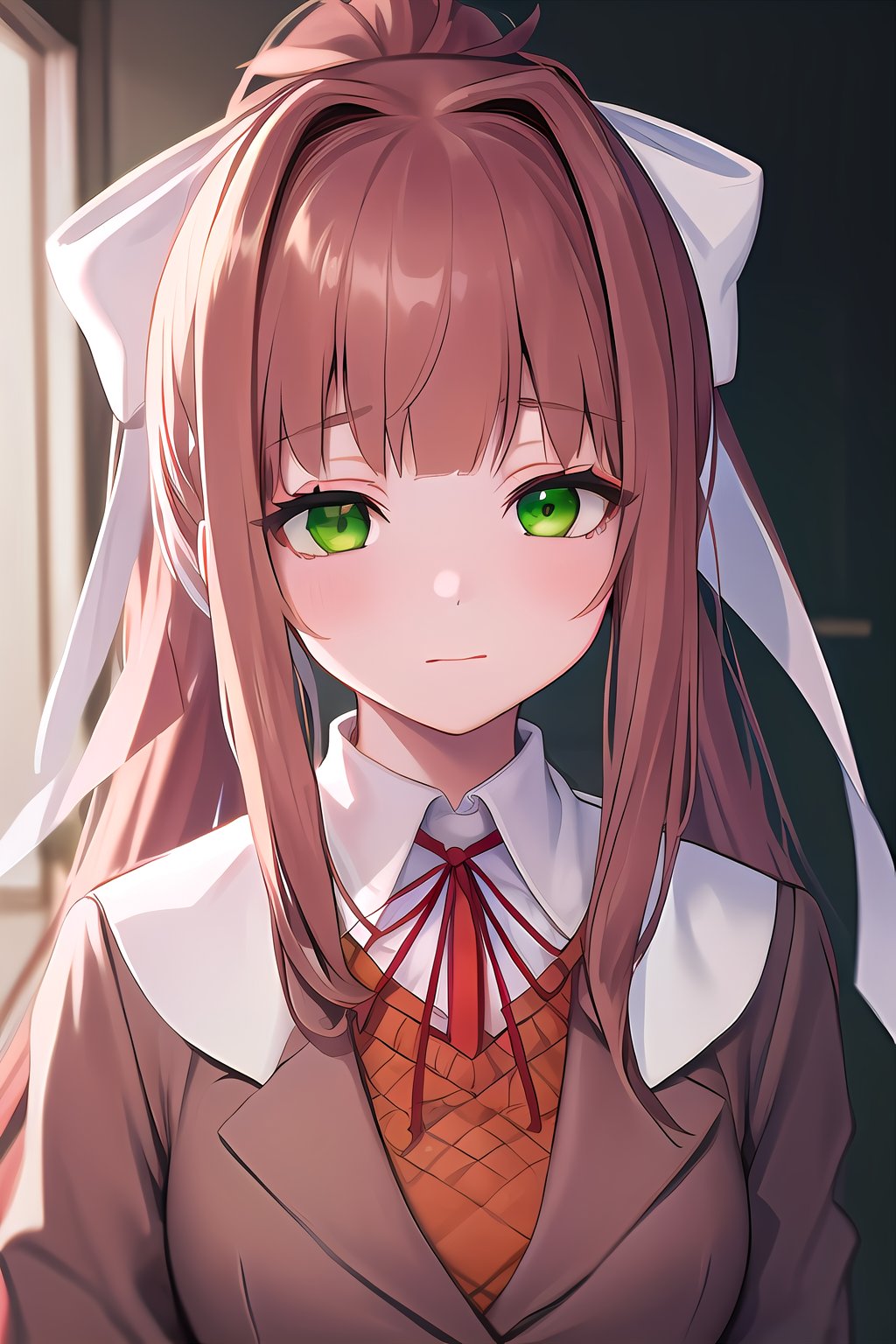 Solo_girl, perfect_face, high_detailed_skin, skin_pores, cinematic_lighting, full_body, DDLCMONIKA, BLUNT BANGS, BROWN HAIR, (GREEN EYES:1.5), LONG HAIR, PONYTAIL, RIBBON, WHITE RIBBON, HAIR RIBBON, SIDELOCKS,