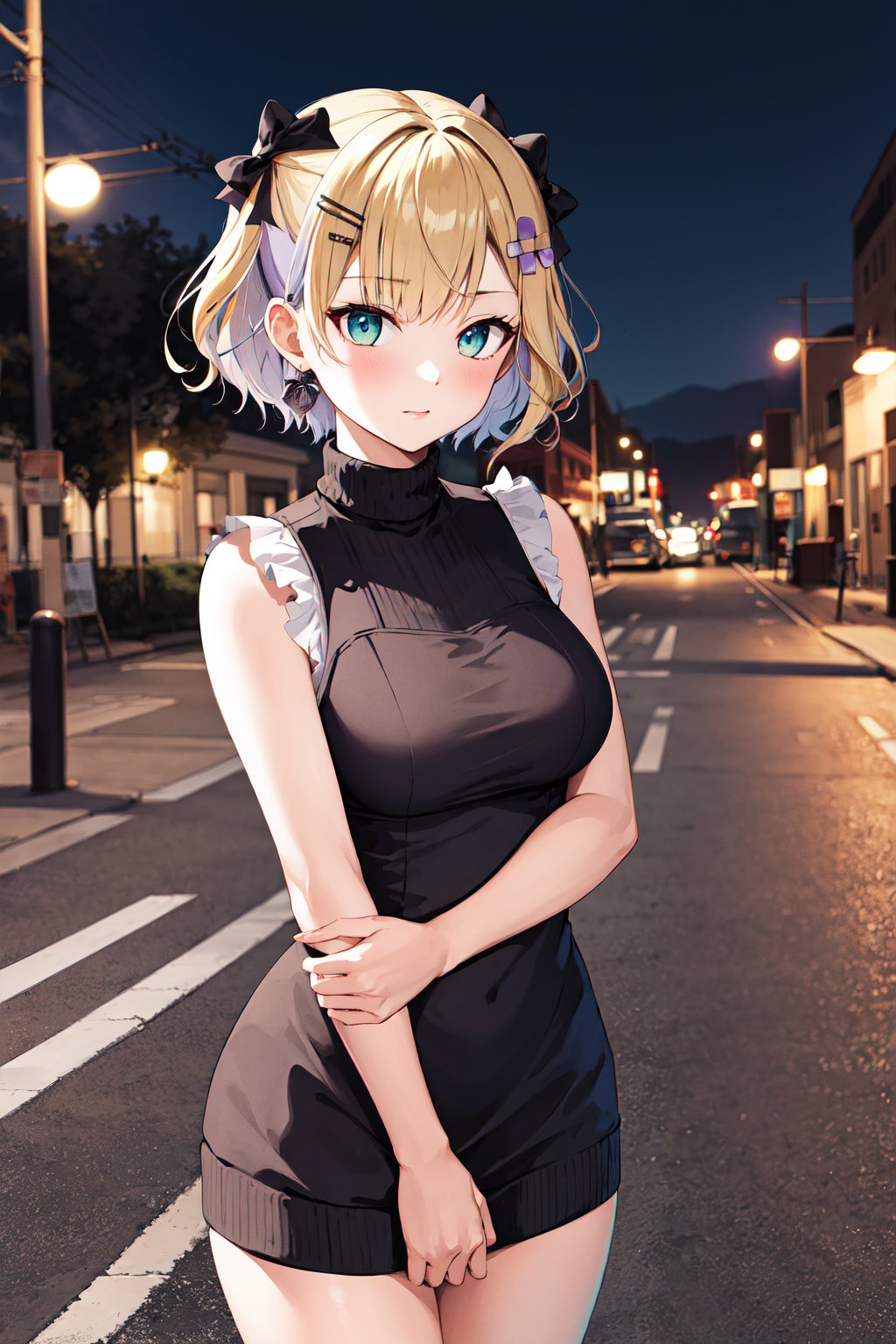 masterpiece, best quality, highres, aanoah, short hair, multicolored hair, hair bow, hair ornament, <lora:kurumi_noah_v1:0.7>, sweater dress, turtleneck, street, night, standing, sleeveless, 