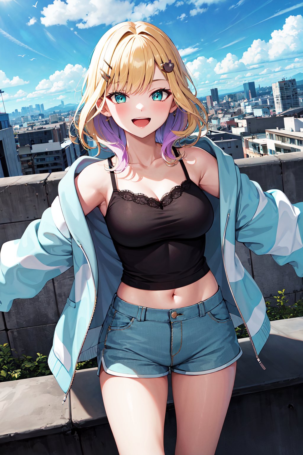 masterpiece, best quality, highres, ccnoah, medium hair, multicolored hair, hairclip, cleavage, black camisole, blue jacket, (striped jacket:1.1), long sleeves, sleeves past wrists, navel, shorts, <lora:kurumi_noah_v1:0.7>, rooftop, smile, open mouth, outstretched arms, standing, blue sky, city