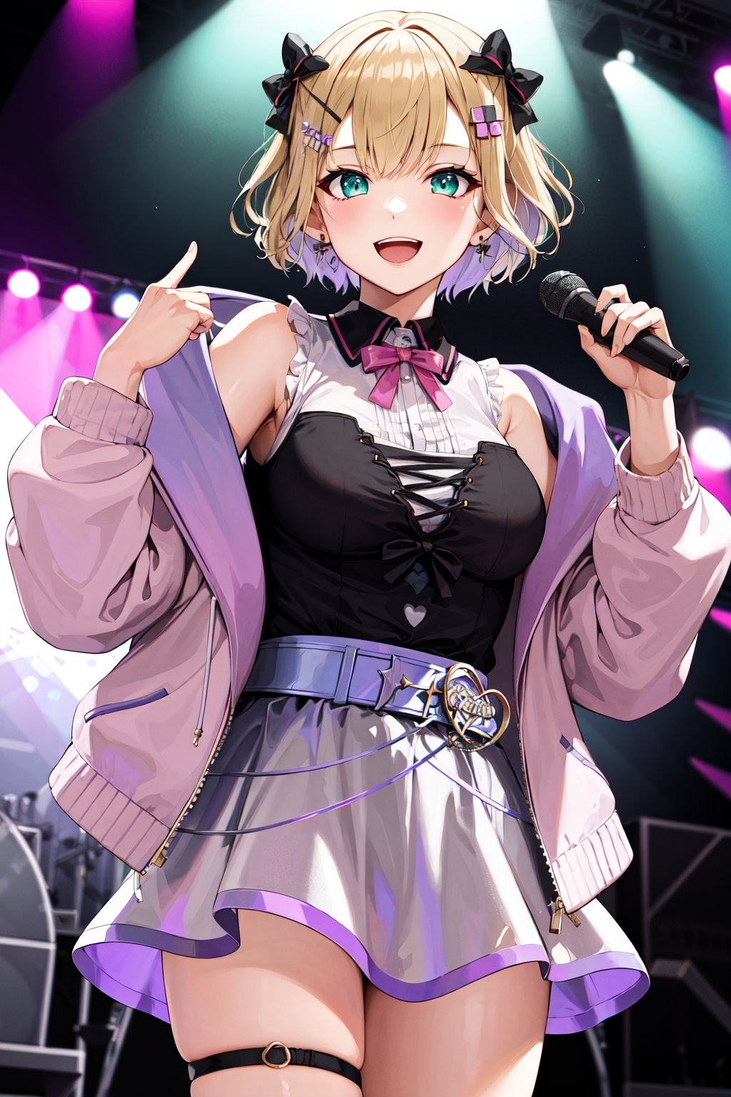 masterpiece, best quality, highres, aanoah, short hair, multicolored hair, hair bow, hair ornament, neck ribbon, sleeveless shirt, off shoulder, pink jacket, open clothes, belt, skirt, thigh strap, <lora:kurumi_noah_v1:0.7>, stage, holding microphone, smile, open mouth, standing, cowboy shot