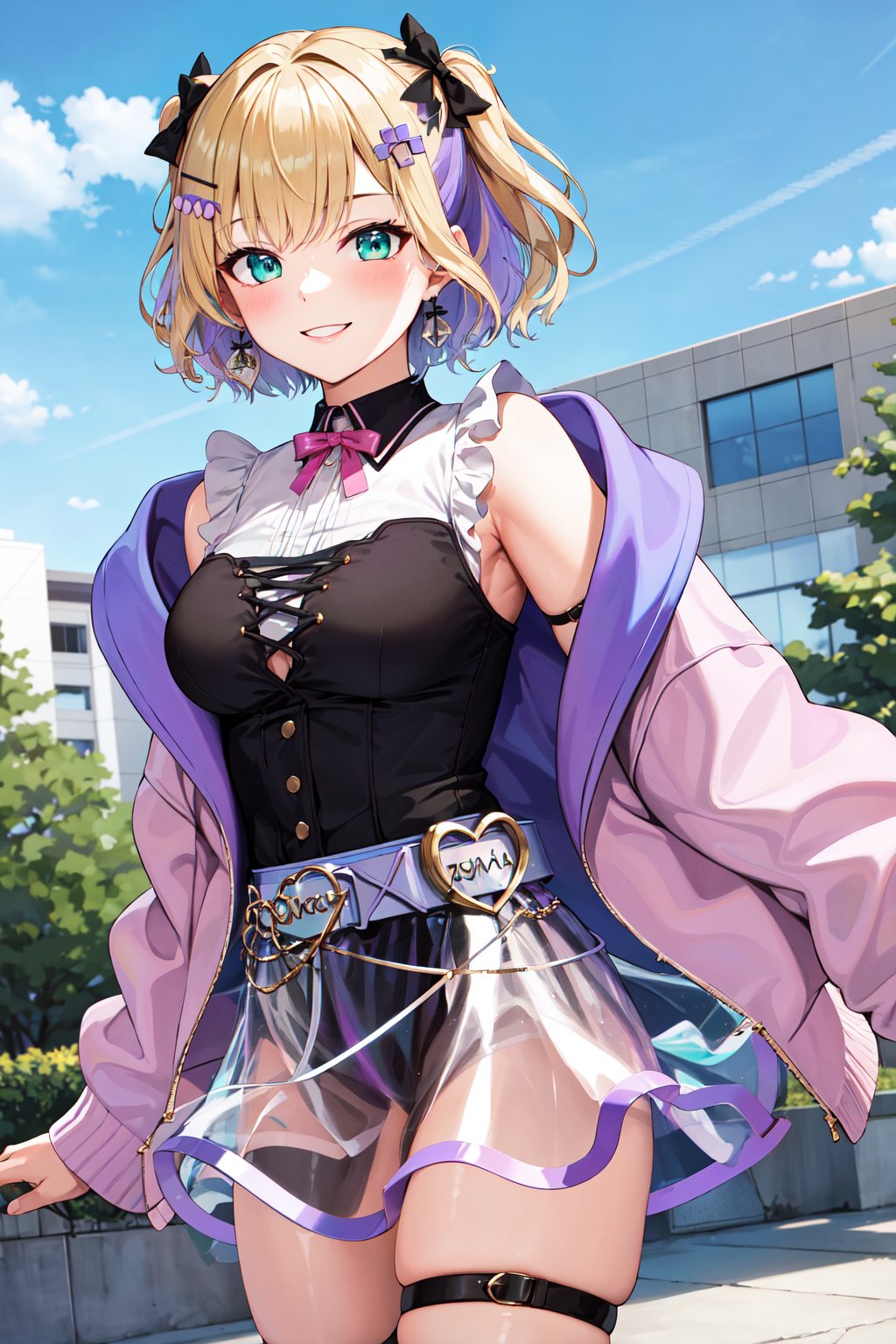 masterpiece, best quality, highres, aanoah, short hair, multicolored hair, hair bow, hair ornament, neck ribbon, sleeveless shirt, off shoulder, pink jacket, open clothes, belt, skirt, thigh strap, <lora:kurumi_noah_v1:0.7>, standing, cowboy shot, smile, outdoors