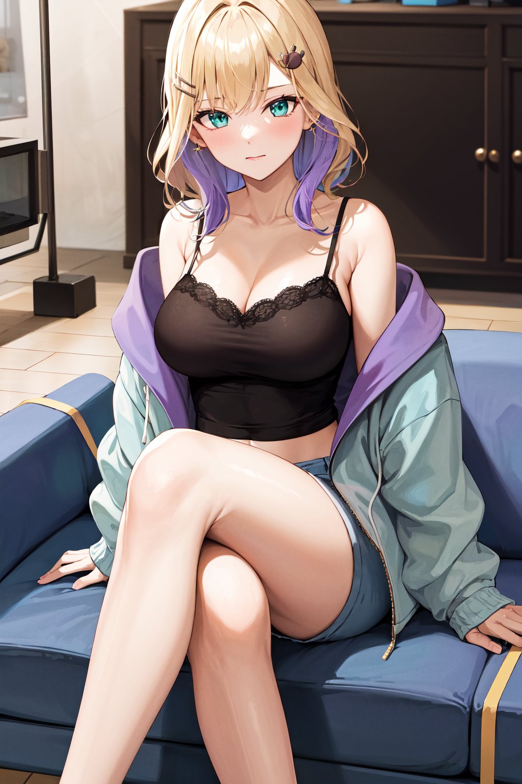 masterpiece, best quality, highres, ccnoah, medium hair, multicolored hair, hairclip, cleavage, black camisole, blue jacket, (striped jacket:1.1), long sleeves, sleeves past wrists, navel, shorts, <lora:kurumi_noah_v1:0.7>, indoors, living room, sofa, sitting, crossed legs, 