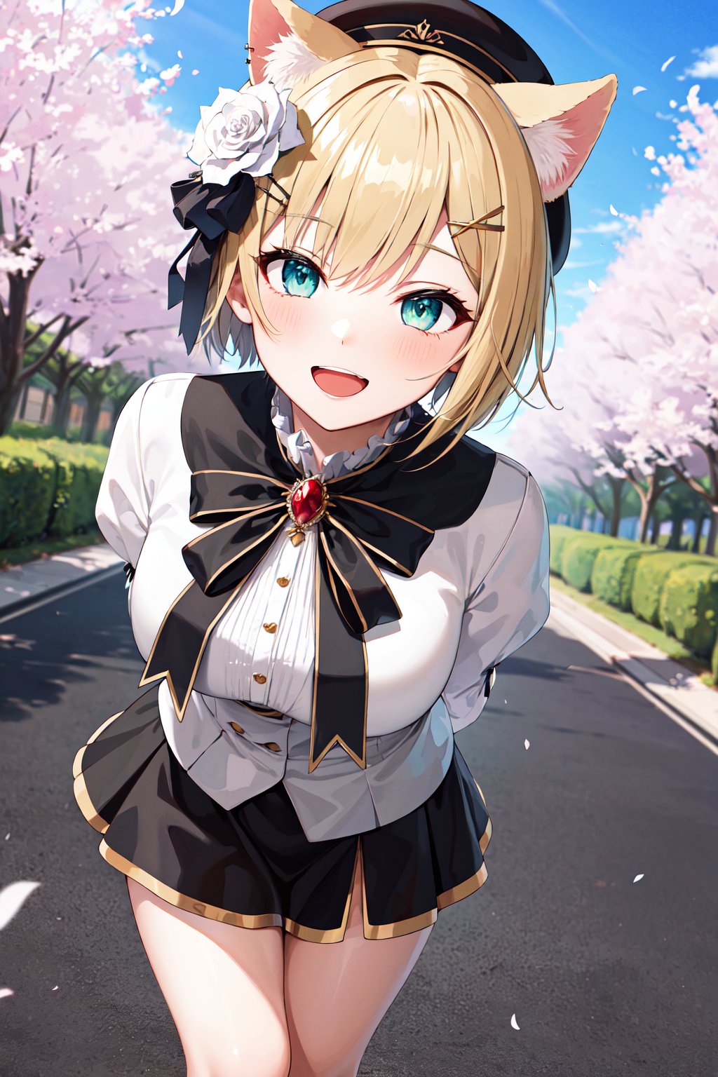 masterpiece, best quality, highres, bbnoah, short hair, animal ears, beret, black headwear, hair flower, white rose, hairclip, black bowtie, brooch, white shirt, black dress, long sleeves, puffy sleeves, black skirt, <lora:kurumi_noah_v1:0.7>, arms behind back, cherry blossoms, outdoors, standing, leaning forward, smile, open mouth,