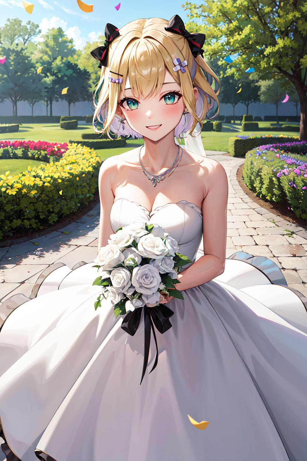 masterpiece, best quality, highres, aanoah, short hair, multicolored hair, hair bow, hair ornament, <lora:kurumi_noah_v1:0.7>, wedding dress, white dress, strapless, necklace, smile,. holding bouquet, garden, confetti, 