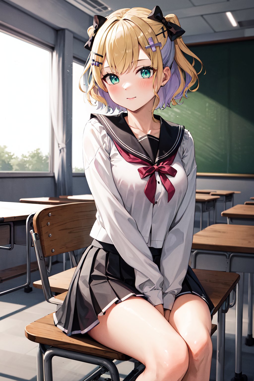 masterpiece, best quality, highres, aanoah, short hair, multicolored hair, hair bow, hair ornament, <lora:kurumi_noah_v1:0.7>, serafuku, white shirt, pleated skirt, classroom, sitting, desk, 